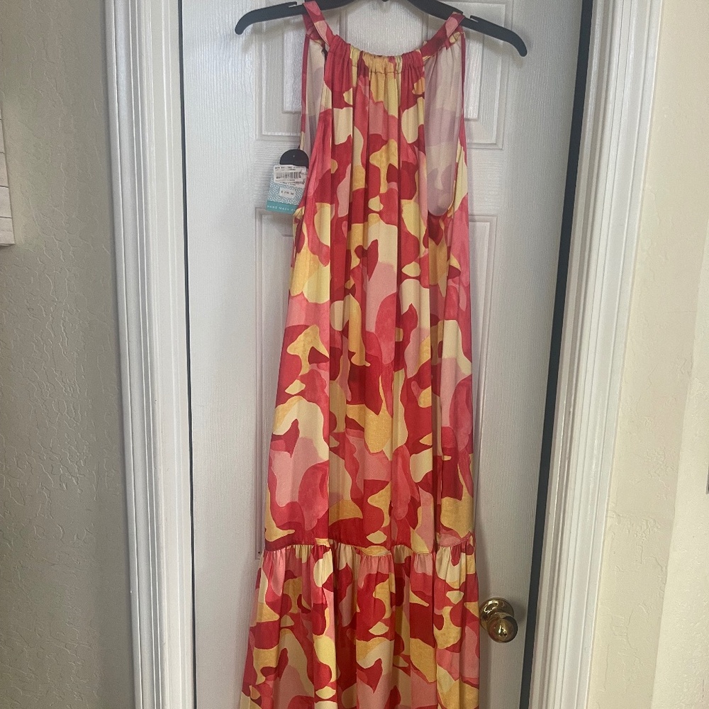 Ming Wang Abstract Print Crepe De Chine Halter Tiered Dress SZ Various Orig. 279